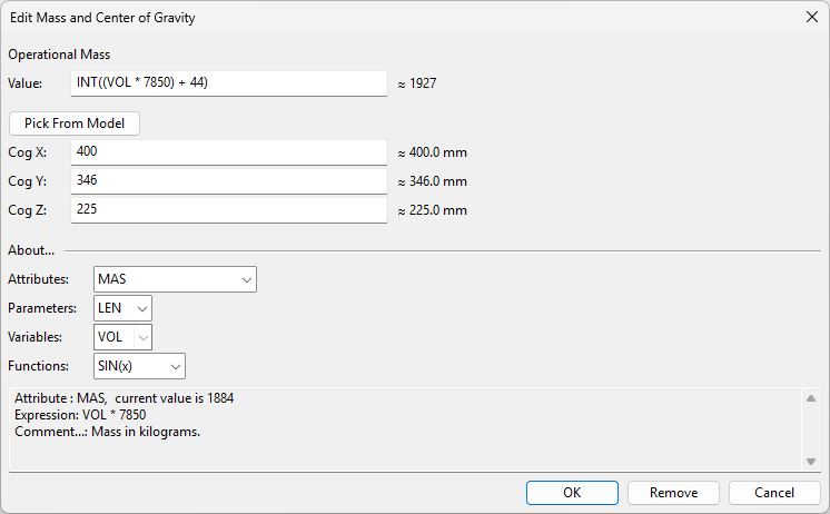 Edit Mass and Center of Gravity dialog